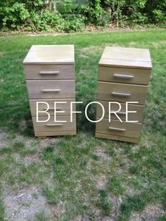 two wooden drawers sitting on top of a grass covered field with the words before and after