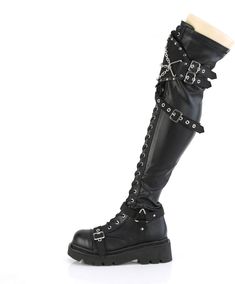 2 1/2" Tiered Platform Lace-Up Over-The-Knee Boots, Inside Zipper - Fit Guide: True to Size - Heel Height: 2 1/2" Platform - Brand: Demonia - Shown in Women's Sizes - Country of Origin: Imported Black Faux Leather Boots For Concerts, Black Faux Leather Boots With Rivets, Black Faux Leather Boots With Metal Details, Black Knee-high Platform Boots With Rivets, Black Riveted Knee-high Platform Boots, Natural Skin Care Ingredients, Leather Knee Boots, Knee Boot, Black Vegan