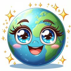 a cartoon earth with eyes and stars around it's head, smiling for the camera