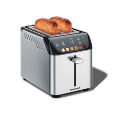 two pieces of bread sitting on top of a toaster that is silver and black