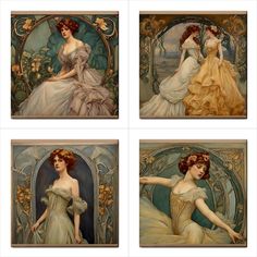 four different paintings of women in dresses