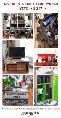 a collage of photos with various furniture and decor items in it, including an old tv