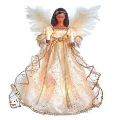 an angel figurine with two candles in it's hands and wearing a gold dress