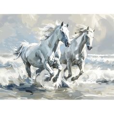 two white horses running through the water