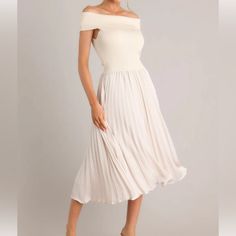 Beige Pleated Midi Dress- Size L. Has A Folded Off Shoulder Design With A Ribbed Sweater Top And A Flowy Pleated Skirt. Chic Stretch Dress With Pleated Skirt, Chic Skirted Dress For Day Out, Beige Stretch Dress For Day Out, Spring Pleated Off-shoulder Midi Dress, Spring Dresses With Pleated Hem For Brunch, White Pleated Midi Dress For Spring, Spring Brunch Dresses With Pleated Hem, White Pleated Skirt Midi Dress For Spring, Elegant Midi Dress With Flowy Skirt For Day Out