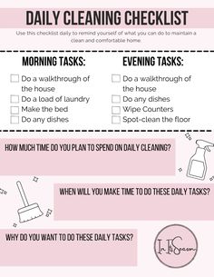 the daily cleaning checklist is shown in pink and white, with black writing on it