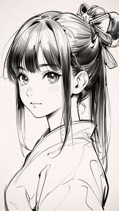 a drawing of a girl with long hair and ponytails, wearing a topknot