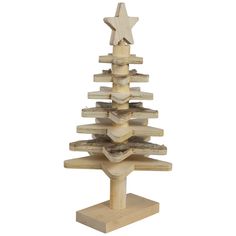 a wooden christmas tree made out of pieces of wood