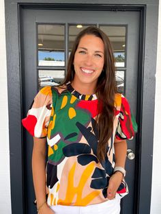 Colorful print top with a frilled neck, back yoke and shirring detail, short puffed sleeves, smocked cuffs.- Unlined, sheer, lightweight. Chelsea is wearing a size Large. Height is 5’8, Bust is 36”, Waist 28” - 29”, and Hips 42”. Christmas Deals, Shoes With Jeans, Puffed Sleeves, Last Call, New Arrival Dress, Dress Romper, Print Top, Print Tops, Colorful Prints