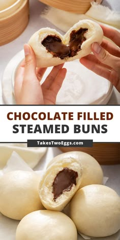 chocolate filled steamed buns on a white plate with text overlay that reads, chocolate filled steamed buns