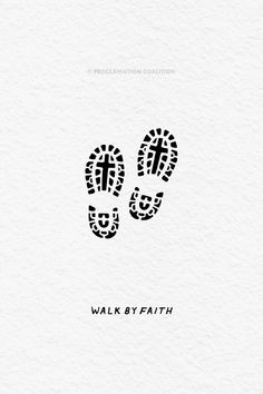 the cover of walk by faith, with footprints in black on a white paper background