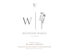 the wildwood designs logo is shown in black and white, with flowers on it