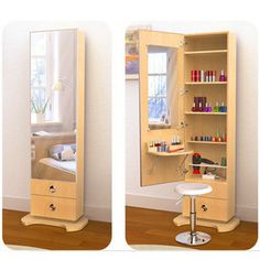 two pictures of the inside of a dressing table with drawers and shelves on each side