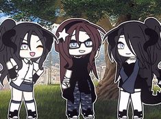 three cartoon girls standing next to each other in front of a tree and grass area