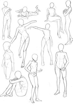 an image of various poses and body shapes for the human figure model, drawn by hand