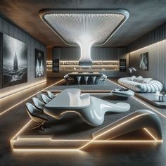 a futuristic living room with modern furniture and lighting