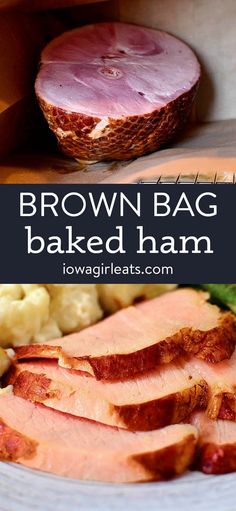 brown bag baked ham on a plate with mashed potatoes