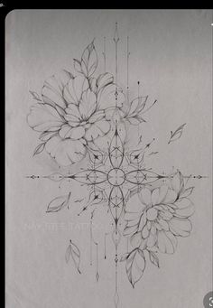 a black and white drawing of flowers on paper