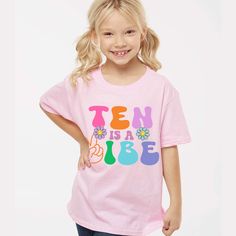 Ten is a Vibe Groovy Retro Birthday shirt, unique cute shirt to remember your little one's  Birthday!! Please read all the info before placing your order. The price you see is per shirt, please read the size chart in the last pictures of listings before placing your order. How to order a shirt: *Select the STYLE *Select the SIZE *Select the Quantity *Add Personalization *Add to cart *Go back and Repeat for each size (if you need more than one shirt) SHIRTS INFO: *Color:Pink, White, Natural 100% Casual T-shirt For Birthday In Spring, Trendy Pink Tops For Birthday, Casual Pink T-shirt For School Event, Trendy Birthday Tops With Funny Text, Playful Pink Tops With Funny Text, Casual Spring T-shirt For Birthday, Pink Playful Tops With Funny Text, Pink T-shirt For Birthday In Summer, Casual Spring Birthday T-shirt