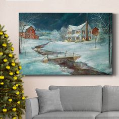 a living room scene with a christmas tree in the foreground and a painting on the wall