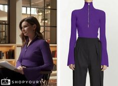 rebecca jarvis, good morning america, purple zip-front bell sleeve top