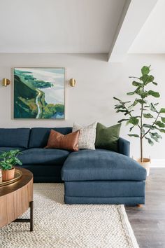 a living room with a blue sectional couch and potted plant on the coffee table