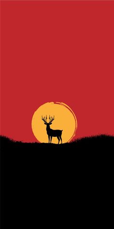 the silhouette of a deer in front of an orange and red sunset