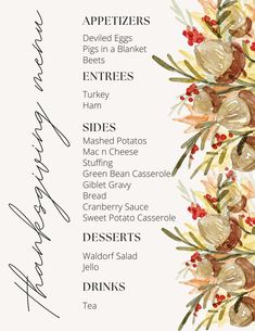 the menu for an appetizer is shown in watercolor