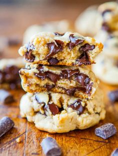 chocolate chip cookies stacked on top of each other