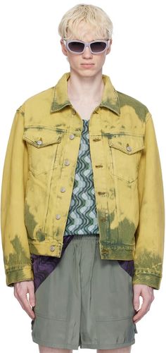 Green Garment-Dyed Denim Jacket by Dries Van Noten on Sale Activewear Photoshoot, Bleached Denim, Denim Pocket, Quilt Jacket, Dries Van Noten, Mens Outerwear, Denim Fashion, Outerwear Jackets, Stretch Denim