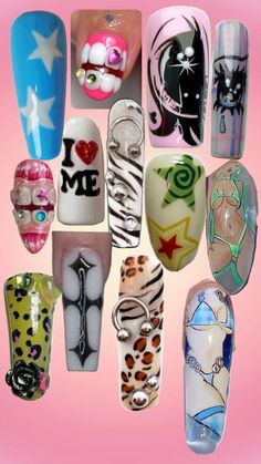 Oddity Nails, Clown Core Nails, Nails I Love Me, Words On Nails, Weirdcore Nails, Weird Nail Ideas, Random Nail Designs, Junk Nail Designs, Gore Nails