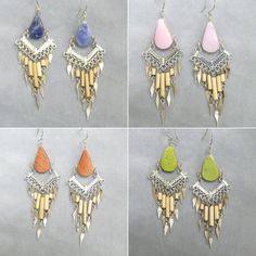 "Introducing our stunning metalwork and bamboo boho earrings, handmade and designed to make a bold statement. These earrings hang perfectly at 3\" and are incredibly lightweight, making them extremely comfortable to wear. The beautiful stones featured in these earrings are of a unique and vibrant color, adding an extra touch of style to any outfit. See more colors of these model here: https://www.etsy.com/listing/1431960995 Whether you're dressing up for a special occasion or keeping it casual, Handmade Metal Bohemian Tassel Earrings, Bohemian Dangle Earrings, Fair Trade, Bohemian Drop Earrings In Natural Color, Bamboo Jewelry, Natural Earrings, Bamboo Earrings, Nature Earrings, Beautiful Stones, Blue Sodalite