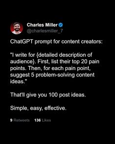 an image of a twitter post with the caption that reads, charles miller @ chapptprompt for content creators i write for detailed description of audience first