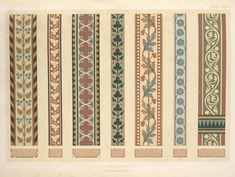 an old book page with different designs on it's borders and strips in various colors