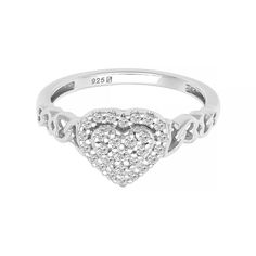 Designed with a heart halo motif and pairs of interlocking hearts adorning the shank, this Love Always diamond ring is a beautiful symbol of your unending love.Click on this JEWELRY & WATCHES GUIDE to learn about fit, styles, materials and more! Designed with a heart halo motif and pairs of interlocking hearts adorning the shank, this Love Always diamond ring is a beautiful symbol of your unending love.Click on this JEWELRY & WATCHES GUIDE to learn about fit, styles, materials and more! FEATURES Elegant Heart Ring With Pave Setting For Valentine's Day, Valentine's Day Diamond Ring With Halo Design, Diamond Heart Ring With Halo Design, Heart-shaped Diamond Halo Jewelry, Valentine's Day Sterling Silver Diamond Ring With Halo Setting, Silver Diamond Ring With Halo Setting For Valentine's Day, White Gold Cubic Zirconia Double Heart Rings, Elegant Heart Shaped Ring With Halo Design, Elegant Heart-shaped Ring With Halo Design