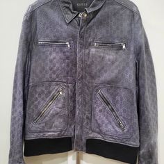 Gucci Guccissima Embossed Monogram Blue Leather Jacket -Mens Size 58 Genuine Gucci Men's Jacket Gucci Jackets, Gucci Jacket, Blue Leather Jacket, Leather Jacket Men, Gucci Men, Blue Leather, Embossed Leather, Shirt Jacket, Men's Jacket