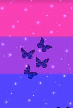 four blue butterflies flying in the air over a purple, pink and blue background with stars