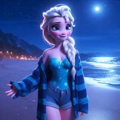 the frozen princess is standing on the beach at night with her arms out and eyes closed