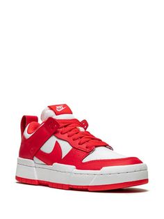 Shop Nike Dunk Low Distrupt sneakers with Express Delivery - FARFETCH Nike Tenis, Nike Dunk Low Disrupt, Red Sneakers, Nike Dunk Low, Dunk Low, Nike Dunk, Nike Dunks, Saucony Sneaker, White Leather