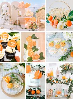 a collage of orange themed desserts and decorations