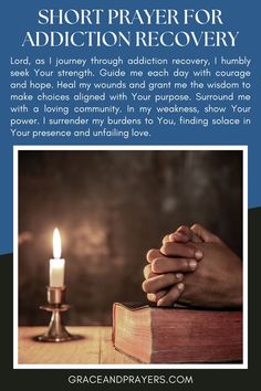 hands folded over a book with the words short prayer for addition recovery on it and a lit candle in the background