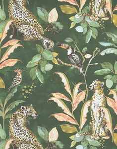 an animal themed wallpaper with leopards, birds and leaves on green background for walls