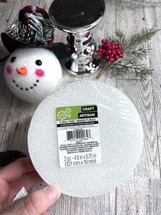 a hand holding a white plate with a snowman decoration on it and a christmas ornament in the background