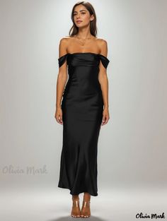 Olivia Mark - Elegant Off-Shoulder Maxi Dress in Satin for Evening Events Maxi Dinner Dress, Dress For Evening, Off Shoulder Evening Gown, Fiesta Dress, Satin Evening Gown, Bridesmaid Ideas, Bridesmaid Inspiration, Black Bridesmaids, Satin Evening Dresses