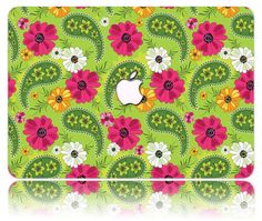 colorful flowers and paisleys on green background