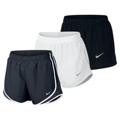 three women's nike running shorts in black, white and grey colorway sizes