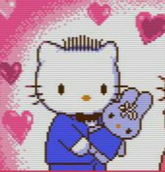 hello kitty is holding a teddy bear in front of a pink heart - filled background