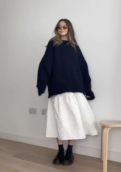 Long Knit Sweater Outfit, Black Skirt Winter Outfit Tights, Dresses And Skirts In Winter, Black Skirt Maxi Outfit, Oversized Sweater Outfit Skirt, Maryjane Shoe Outfits Skirt, White Skirt Sweater Outfit, Knee Length Skirt Outfit Casual, White Linen Midi Skirt Outfit