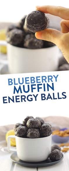 blueberry muffin energy balls in a white bowl on a plate with the title above it