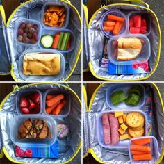 four pictures show different sections of a lunch box filled with vegetables, fruit and crackers